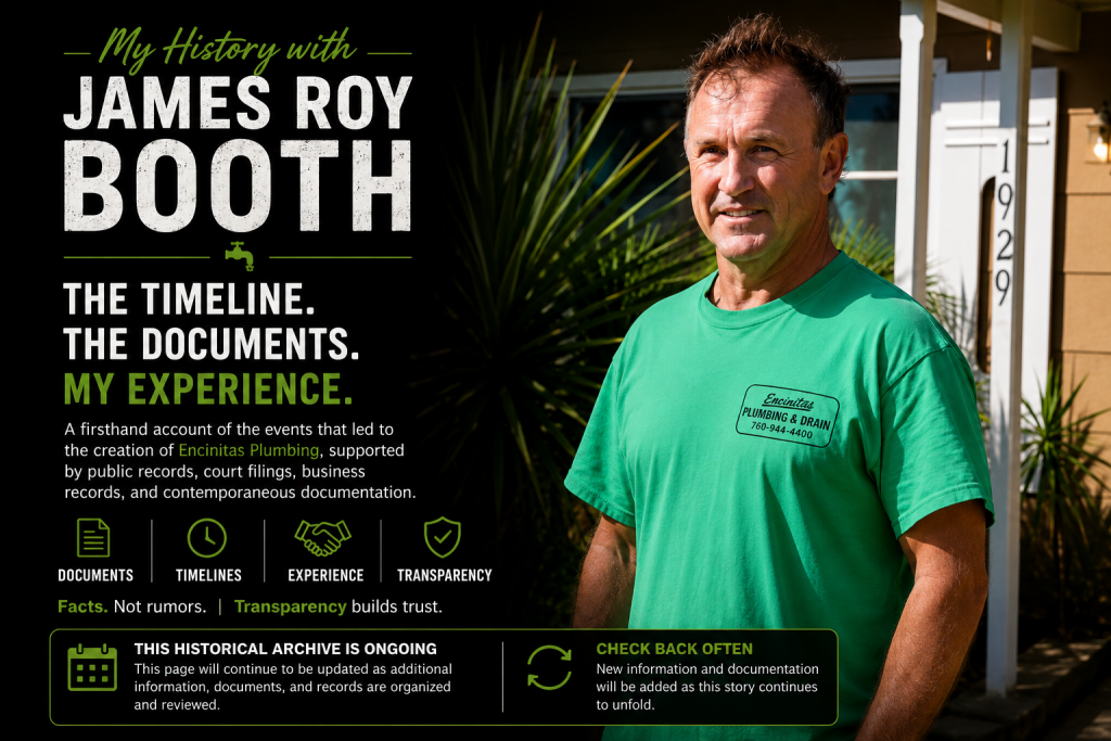 Hero banner for "My Experience Working with James Roy Booth," featuring James Roy Booth and introducing a first-person account supported by public records, court filings, business records, and contemporaneous documentation.