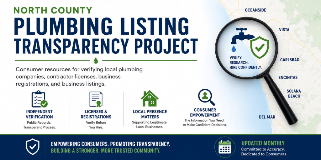 North County Plumbing Listing Transparency Project consumer resource for verifying plumbing company licenses, business registrations, and local business listings in North San Diego County.